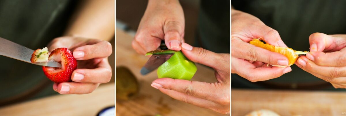 A collage of three close-up images showing hands preparing fruit for a Japanese Fruit Sandwich: hulling a strawberry, peeling a kiwi with a knife, and peeling an orange segment.