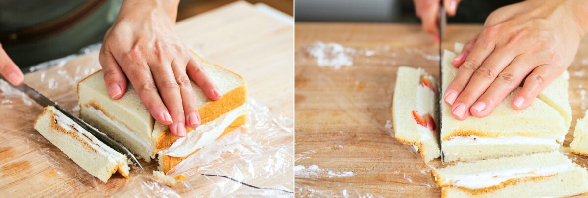 Two images side by side: Both show hands slicing a Japanese Fruit Sandwich loaf with white bread, filled with cream and jam, on a wooden surface. The sandwich is being cut into strips using a serrated knife.