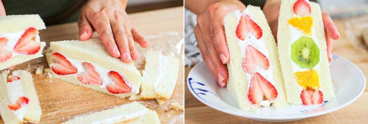 A person assembles a Japanese Fruit Sandwich with whipped cream and fresh fruit—strawberries, oranges, and kiwi—on soft white bread. One sandwich is being cut while another is served on a plate.