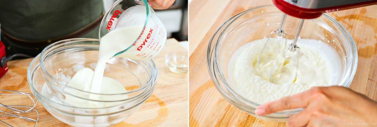 Two side-by-side images: on the left, milk is poured from a measuring cup into a glass bowl; on the right, a hand uses a hand mixer to blend the mixture for Japanese Fruit Sandwich filling on a wooden surface.
