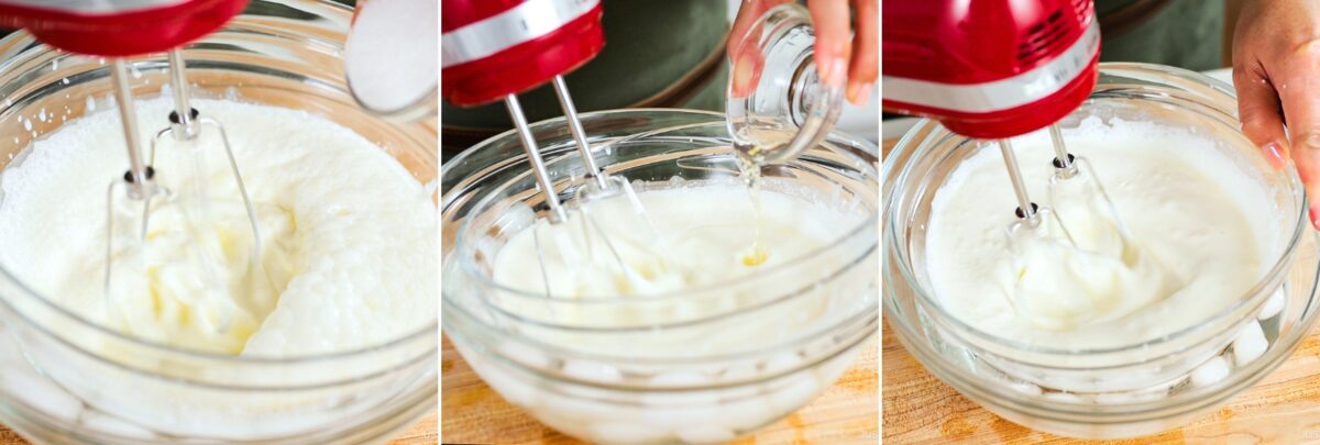 Three-panel image showing a hand mixer whipping egg whites in a glass bowl—perfect for making Japanese Fruit Sandwich. The process goes from foamy to stiff peaks as sugar is gradually added.