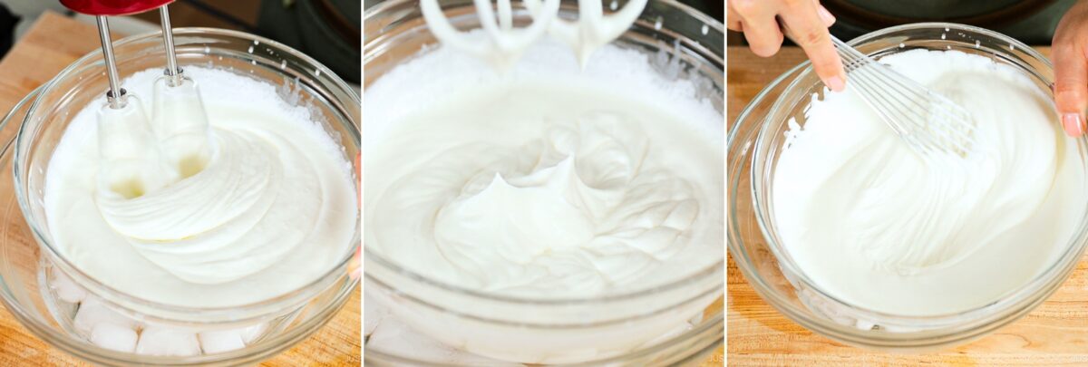 Three-panel image: Left, an electric mixer beating egg whites in a glass bowl; center, stiff peaks formed in the whipped egg whites—perfect for a Japanese Fruit Sandwich; right, a hand whisking the whipped egg whites on a wooden surface.