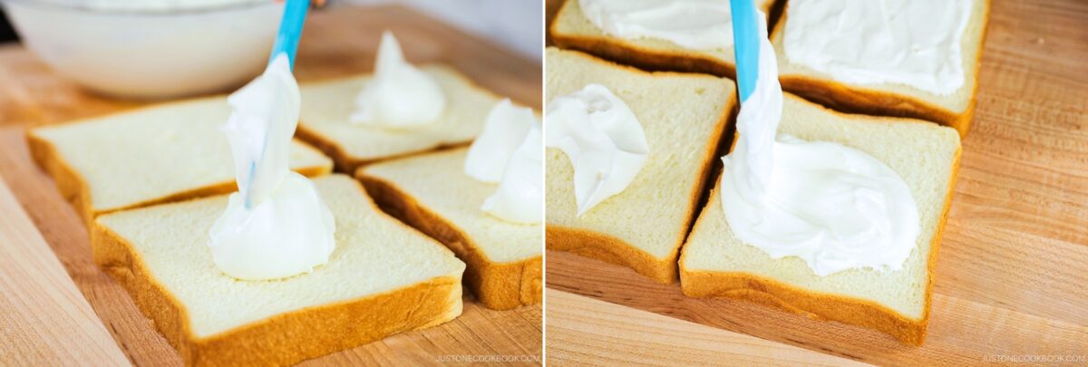 Two side-by-side photos show white bread slices on a wooden surface, being topped and spread with a thick white mixture using a blue spatula—perfect for assembling a classic Japanese Fruit Sandwich.