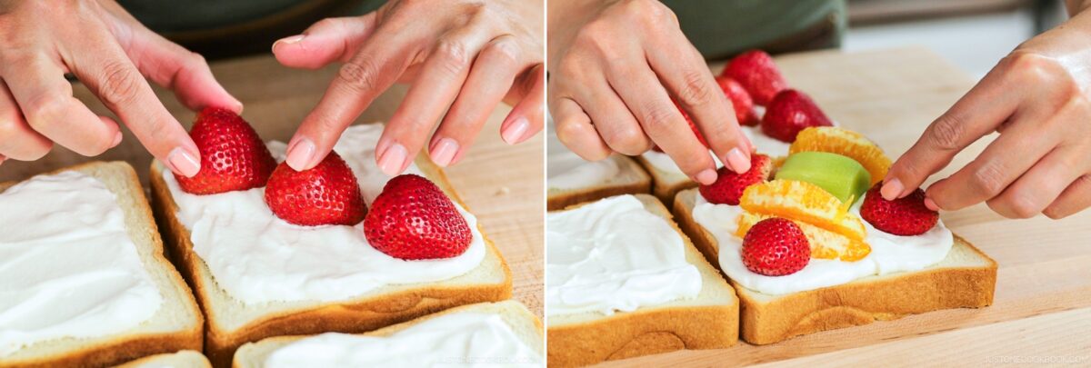 Two images side by side show hands assembling a Japanese Fruit Sandwich—bread slices with whipped cream; the left features strawberries, while the right displays strawberries, orange slices, and green melon.