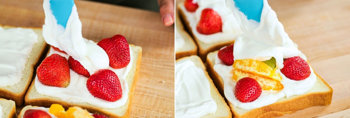 Two images side by side show hands spreading whipped cream on white bread topped with strawberries and other sliced fruits, creating a delicious Japanese Fruit Sandwich on a wooden surface.