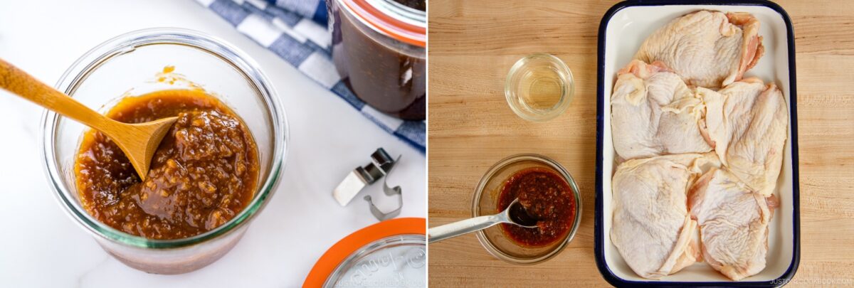 Left: A glass jar of chunky brown miso chicken sauce with a wooden spoon inside. Right: Raw chicken thighs in a white tray, with a small bowl of miso chicken sauce and a spoon beside them on a wooden surface.