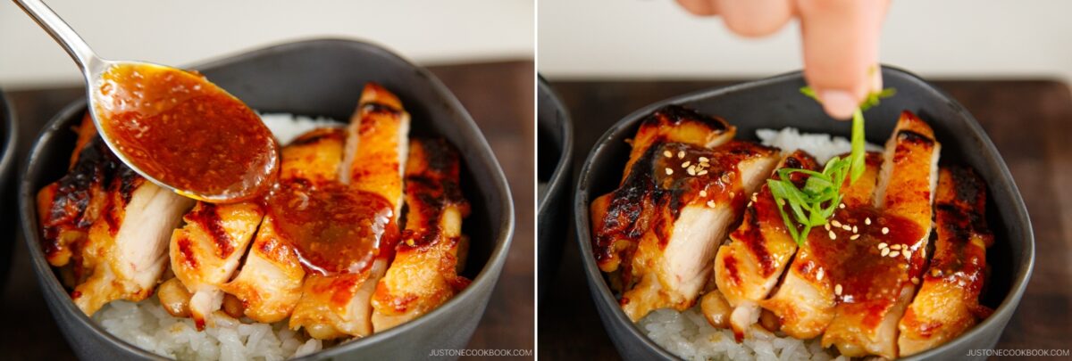 A bowl of rice topped with sliced grilled miso chicken. On the left, a spoon pours sauce over the chicken; on the right, a hand garnishes the dish with green onions and sesame seeds.