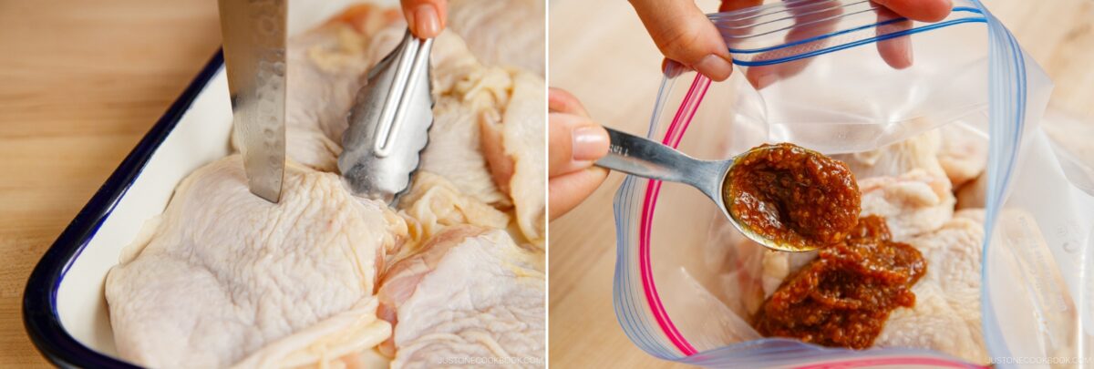 Close-up of Miso Chicken being poked with a knife on the left, and a spoon adding marinade to raw chicken in a resealable plastic bag on the right.