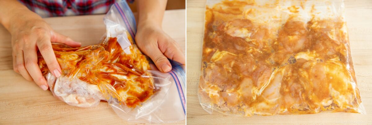 A person massages miso chicken marinade into raw chicken pieces inside a resealable plastic bag on the left, while the right shows the marinated miso chicken sealed in the bag, resting on a wooden surface.