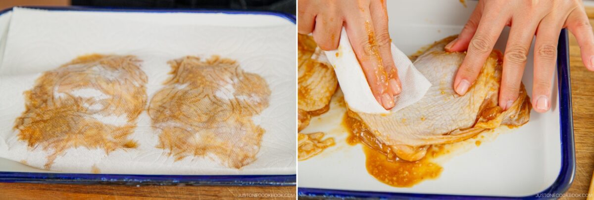 Close-up images showing miso chicken slices being patted dry with paper towels on a tray; one image shows the meat covered with towels, and another captures hands pressing a towel onto a slice of miso chicken.
