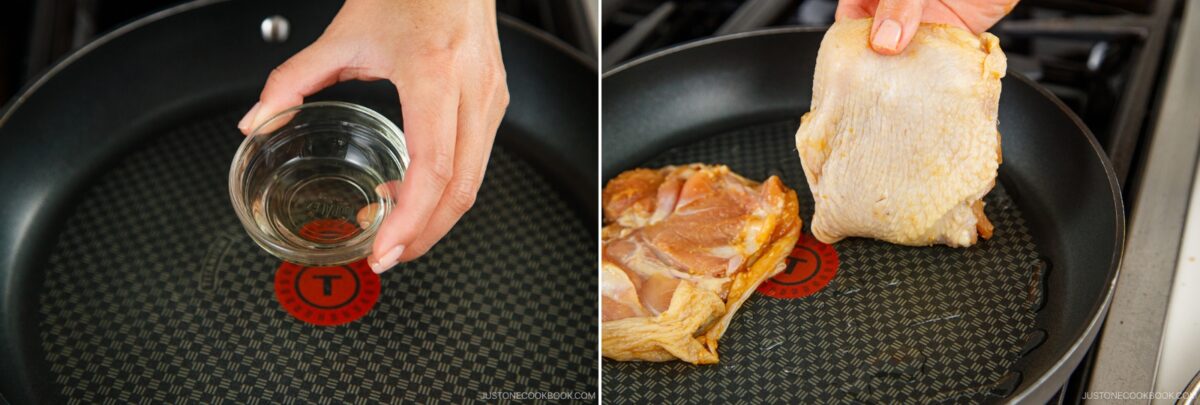 Left: A hand pours oil from a small glass bowl into a nonstick frying pan. Right: A hand places a raw skin-on chicken thigh for miso chicken into the same pan on a stovetop.