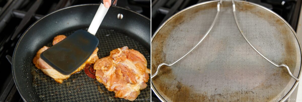 A spatula presses marinated miso chicken pieces in a frying pan on a stove, while a mesh splatter screen covers the pan in a side-by-side close-up view.