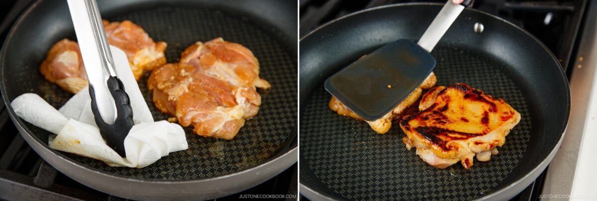 A person uses tongs to wipe oil in a pan with raw Miso Chicken thighs on the left, and presses a spatula onto a browned, cooked chicken thigh in a frying pan on the right.