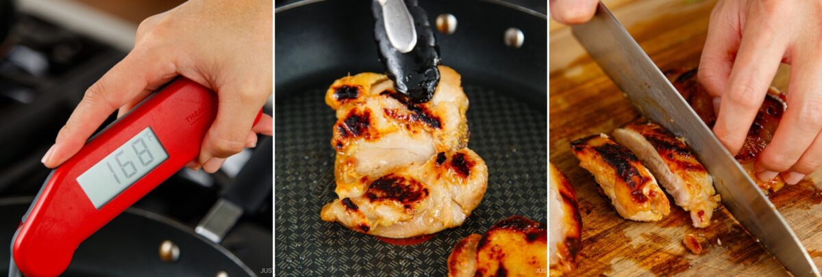 A hand holds a meat thermometer showing 168°F near cooked miso chicken in a pan; another hand uses tongs to flip the chicken, and a third image shows the miso chicken being sliced on a cutting board.