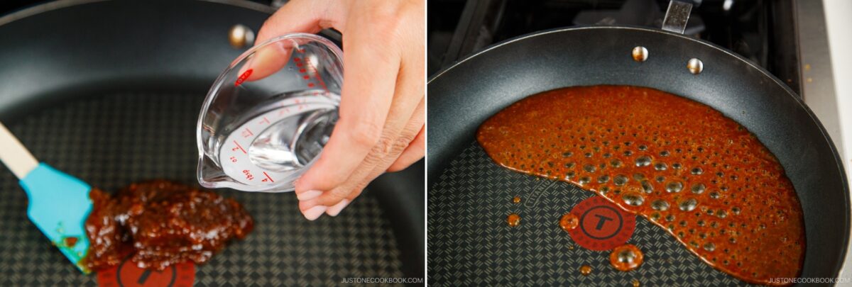 A hand pours water from a measuring cup into a pan with a brown Miso Chicken sauce; in the next image, the savory sauce bubbles and spreads across the pan as it simmers on the stove.