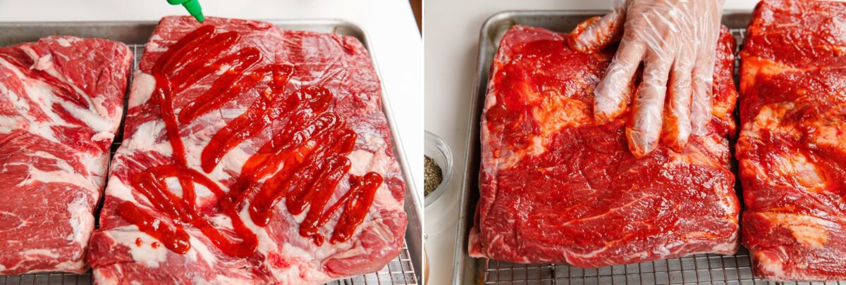 Two side-by-side images of raw smoked beef ribs on a tray: on the left, barbecue sauce is being squeezed onto the meat; on the right, a gloved hand spreads the sauce evenly over the ribs.