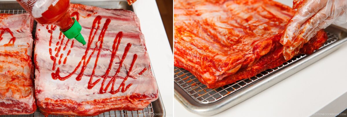Two images: On the left, sriracha sauce is being drizzled on raw pork ribs; on the right, a gloved hand rubs seasoning onto ribs arranged like smoked beef ribs on a wire rack over a baking sheet.