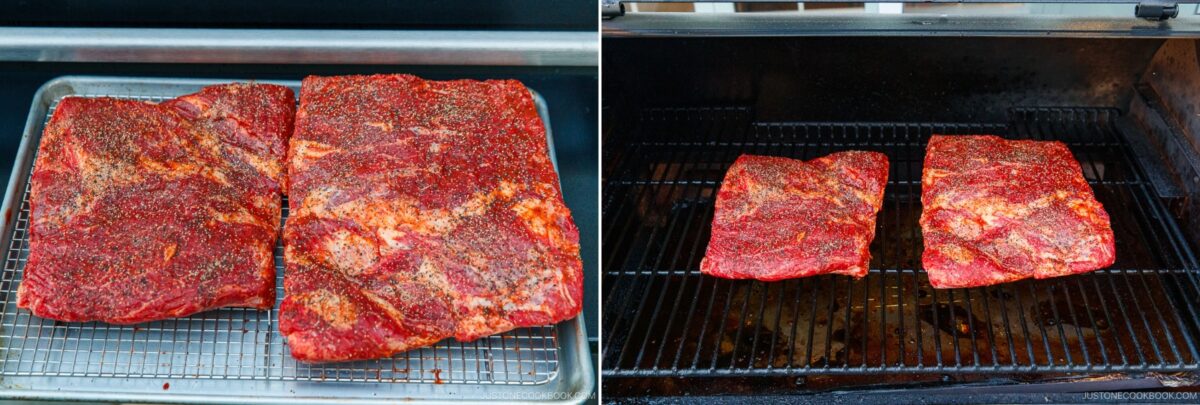Side-by-side images: on the left, two seasoned briskets on a wire rack over a tray; on the right, smoked beef ribs and briskets placed inside a smoker grill, starting the cooking process.