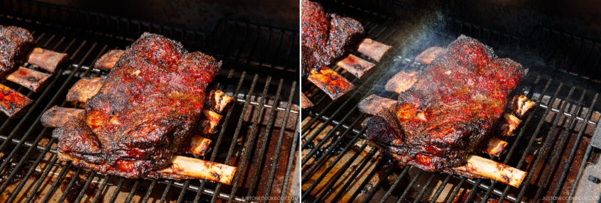 Close-up of smoked beef ribs with a dark, seasoned crust, cooking on a grill with visible grill marks, smoke rising, and bone ends protruding. The image is split into two angles to highlight the juicy tenderness of the smoked beef ribs.