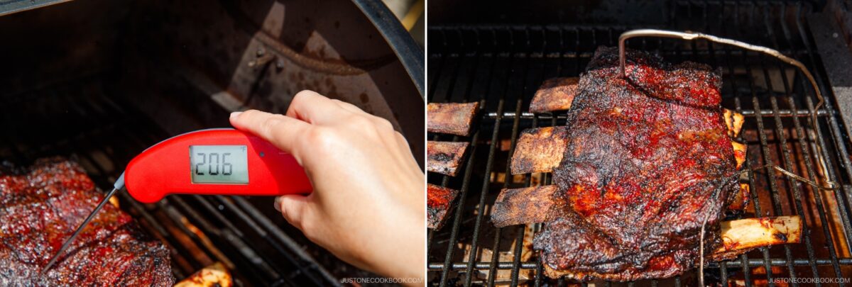 A hand holds a red digital meat thermometer reading 206°F, inserted into smoked beef ribs on a grill. The second image captures the smoked beef ribs cooking with a probe thermometer monitoring their temperature.