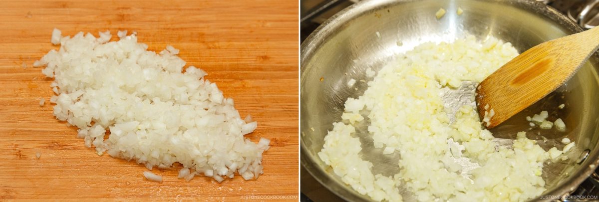Split image: On the left, finely chopped onions on a wooden cutting board. On the right, the onions are being sautéed in a metal pan with a wooden spoon—perfect prep for a delicious Teriyaki Burger.