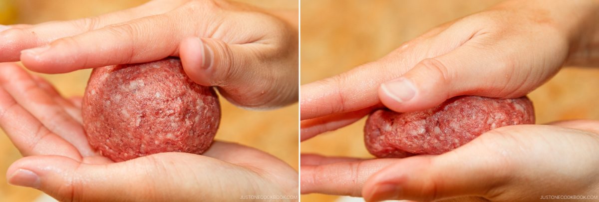 Two close-up images of hands shaping ground meat into a round patty, showing the process of forming and flattening the Teriyaki Burger mixture.
