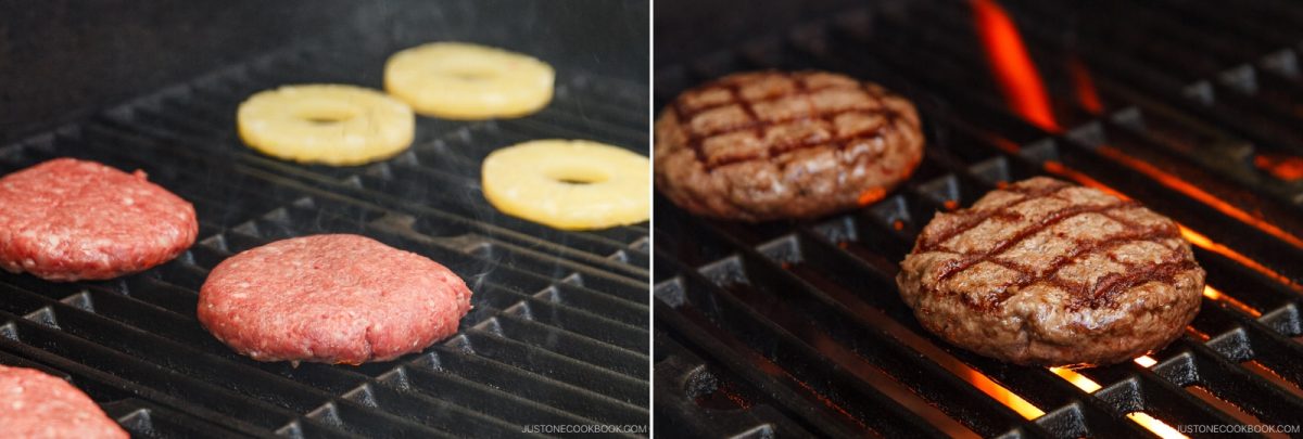 Left side: Raw Teriyaki Burger patties and pineapple rings on a grill. Right side: Juicy burger patties with signature grill marks cooking over open flames.