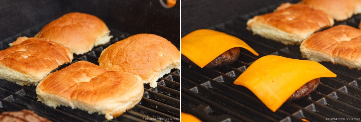 Four hamburger buns are toasting on a grill in the left image, while in the right image, two Teriyaki Burger patties are cooking with melted slices of cheddar cheese on top.