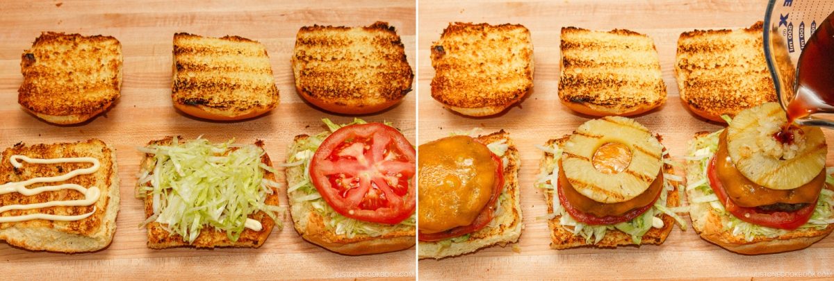 Two images side by side show the steps of assembling a Teriyaki Burger: toasted buns, fresh lettuce, tomato, a cheese-topped patty, grilled pineapple rings, and a savory sauce being poured on one of the assembled burgers.