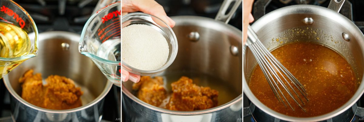 A sequence shows oil and water being poured over brown paste in a pot, sugar being added, and the mixture being whisked together to form a smooth All Purpose Miso Sauce.