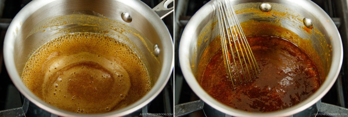 Side-by-side images show a saucepan with bubbling brown liquid on the left, and on the right, a thicker reddish All Purpose Miso Sauce being whisked in the same pan.