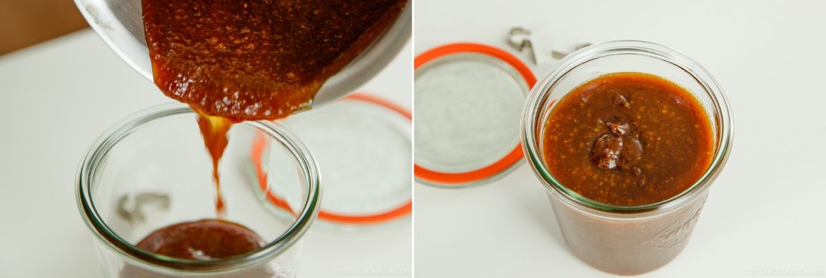 A reddish-brown All Purpose Miso Sauce is poured from a pot into a glass jar in the left image; the right image shows the filled jar with a metal clasp and orange-sealed lid nearby.