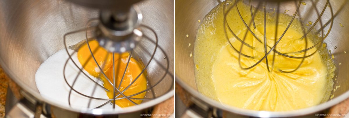 Two images show a stand mixer bowl: the left has egg yolks and sugar, a key step in preparing black sesame ice cream, while the right shows them whisked together into a creamy yellow mixture.