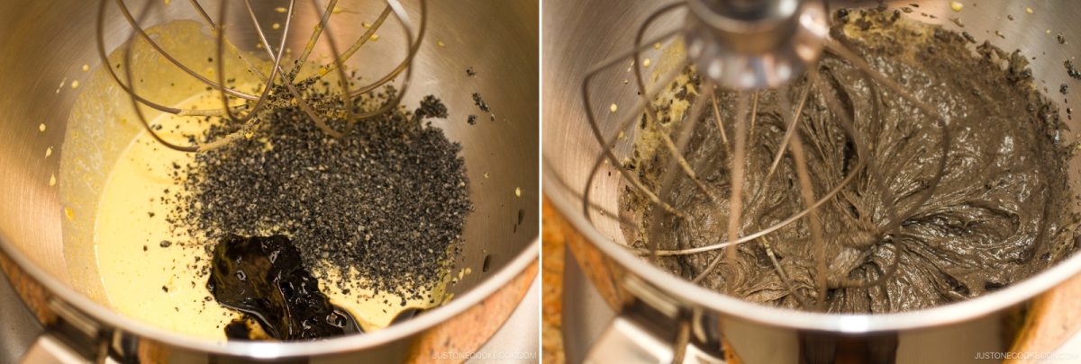 Side-by-side images of a mixing bowl: left shows yellow batter with black sesame seeds and paste, reminiscent of the rich flavors found in black sesame ice cream; right shows the batter fully mixed into a thick gray-black dough.