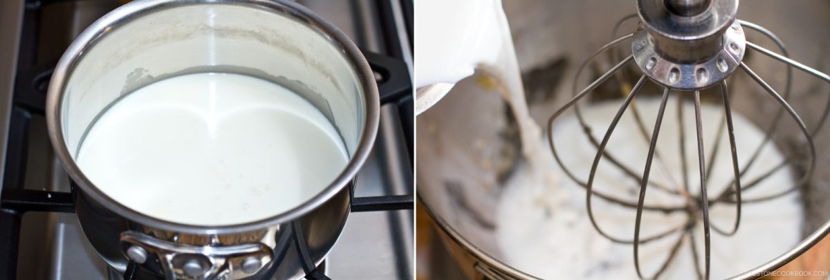 A split image shows milk heating in a saucepan on a stove (left) and milk being whipped for black sesame ice cream in a stand mixer with a wire whisk attachment (right).