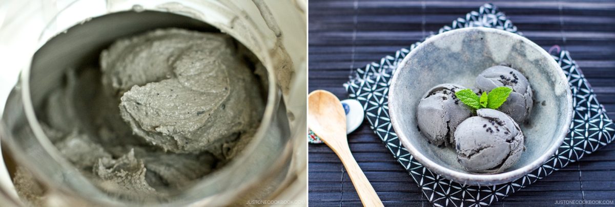 Left: Close-up of a container with gray black sesame ice cream. Right: Three scoops of gray black sesame ice cream in a bowl, garnished with a mint sprig, alongside a wooden spoon on a patterned cloth.