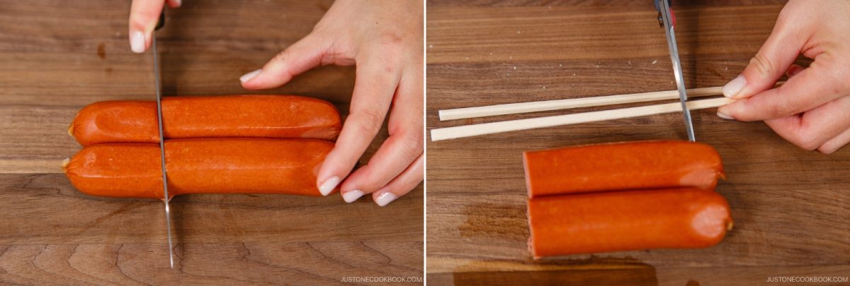 Two side-by-side photos show hands cutting sausages in half with a knife on the left, and trimming wooden chopsticks next to the sausages on the right, all on a wooden cutting board—perfect prep for homemade Japanese Corn Dog skewers.