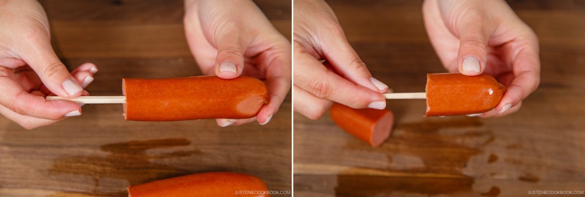 Two images side by side: hands hold a Japanese Corn Dog on a stick in the left image, and in the right image, the corn dog has been cut in half, with one piece being separated from the stick.