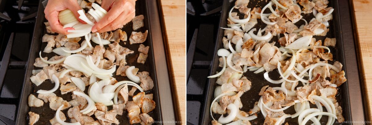 Two side-by-side photos show sliced onions being added to cooked pieces of pork on a flat griddle, with hands visible in the left image spreading the onions over the meat—key steps in preparing savory yakisoba, Japanese stir-fried noodles.
