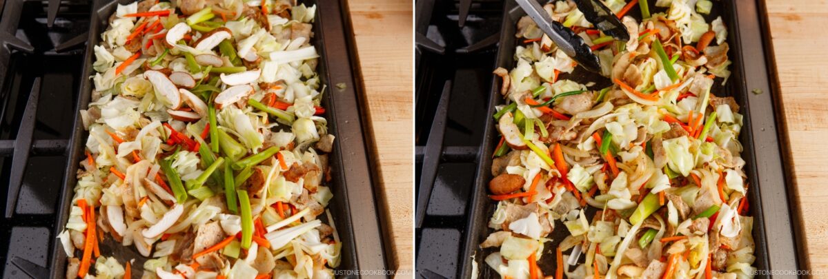 Two side-by-side images show a grill filled with a colorful stir-fry of chopped cabbage, carrots, green beans, onions, and pieces of meat—similar to yakisoba. Tongs are mixing the sizzling ingredients on the right.