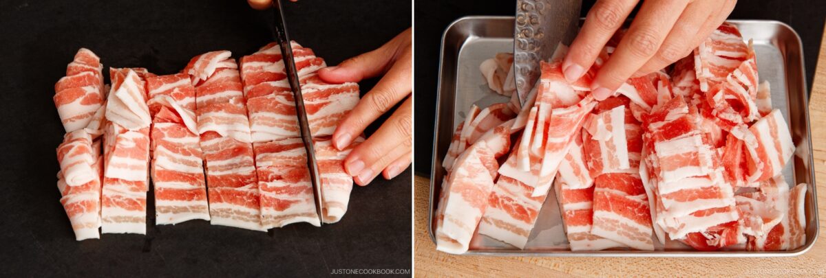 Close-up of hands slicing raw, marbled pork belly strips with a knife on a cutting board, then placing the cut pieces onto a metal tray—perfect for adding rich flavor to yakisoba (Japanese stir-fried noodles).