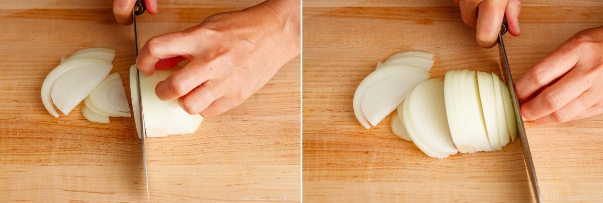 Two images side by side show hands slicing a white onion on a wooden cutting board with a knife, demonstrating how to cut even onion slices—perfect for adding to yakisoba (Japanese stir-fried noodles).