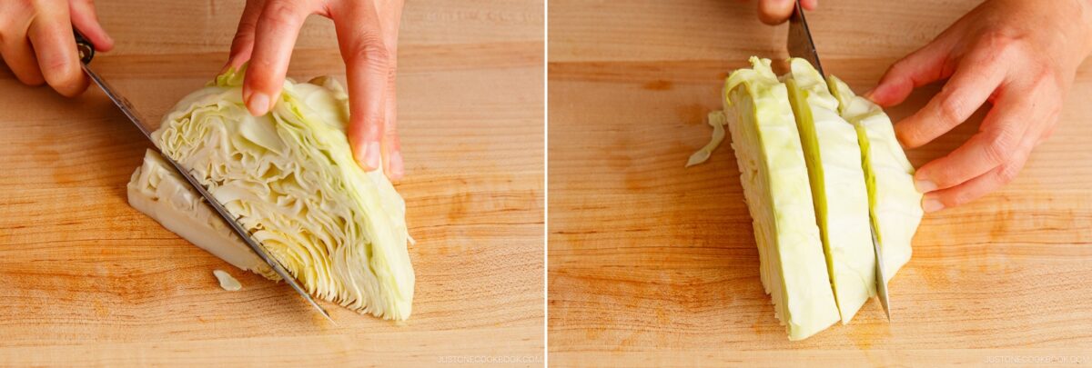 Two images show hands using a knife to slice cabbage on a wooden cutting board—prepping fresh cabbage for yakisoba. In the left image, the cabbage is cut vertically; in the right, it’s sliced into thin strips.
