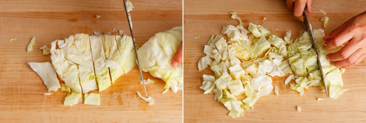 Two side-by-side images show hands chopping a head of cabbage on a wooden cutting board—one with large slices, the other with finely diced pieces—perfect prep for yakisoba, the classic Japanese stir-fried noodles dish.