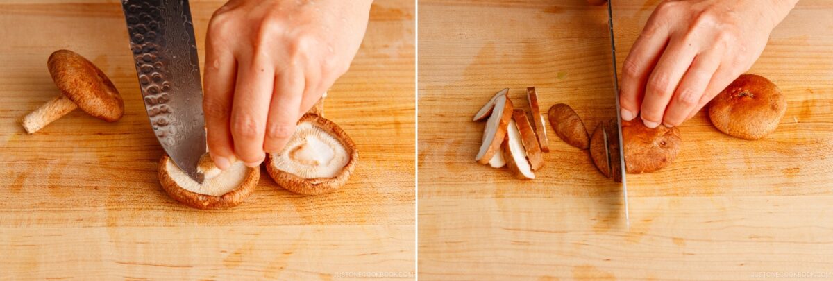 Two images side by side show hands slicing brown mushrooms on a wooden cutting board with a large kitchen knife—ideal prep for yakisoba, the classic Japanese stir-fried noodles. Left: slicing a mushroom cap; right: cutting mushrooms into thin strips.