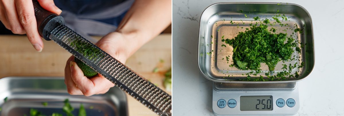 A person grates green zest from a lime, with the zest being weighed on a digital kitchen scale showing 21.9 grams—perfect for adding vibrant citrus flavor to your next Yuzu Kosho recipe.