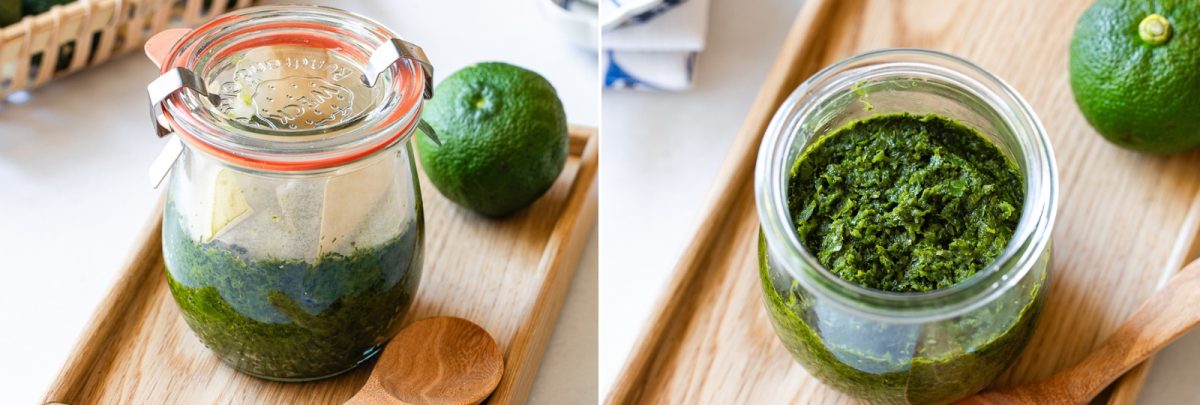 Two photos show a glass jar filled with green paste, likely a Yuzu Kosho recipe or herb blend, on a wooden tray with fresh green citrus fruits nearby. The jar is open in one photo and closed in the other.