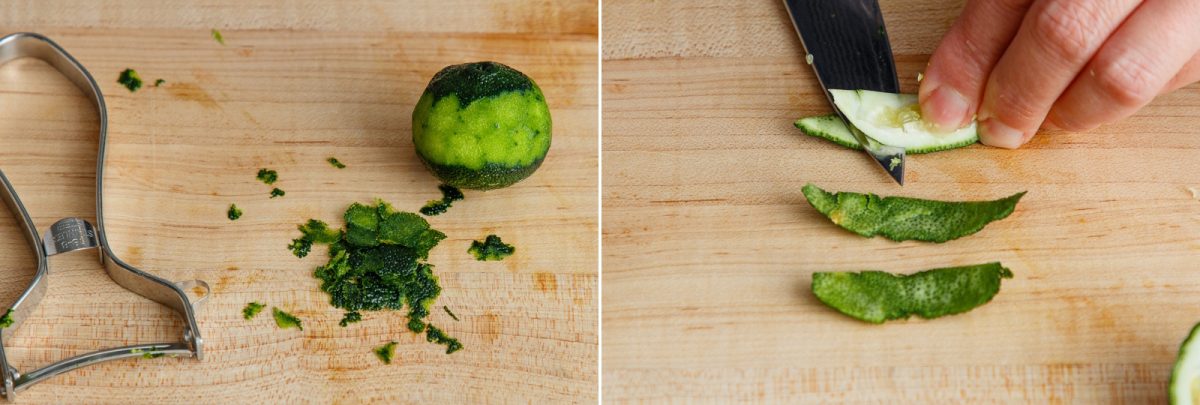 A cut lime with zest and a peeler on a wooden board, and a hand slicing lime peel strips with a knife on the same board—essential preparation steps for an authentic Yuzu Kosho recipe.