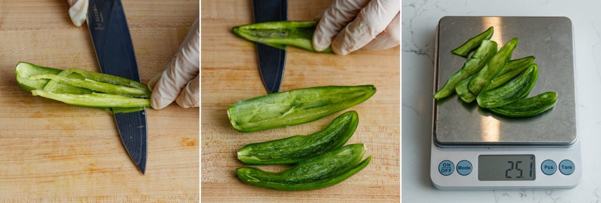 Three images: slicing and deseeding a green pepper with a knife on a cutting board—a key step in preparing ingredients for Yuzu Kosho Recipe—the pepper halves displayed, and the halves weighed on a digital scale showing 25.7 grams.