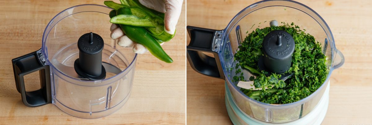 Two images: On the left, a hand adds green peppers to an empty food processor, beginning the first step in a Yuzu Kosho recipe. On the right, the processor contains finely chopped green peppers. Both are on a wooden surface.